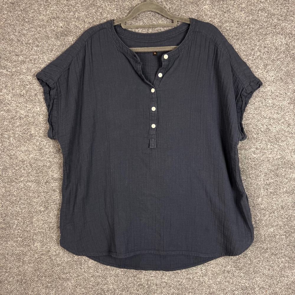 Quince Gauze Henley Top Womens XL Navy Blue Excellent Organic Cotton